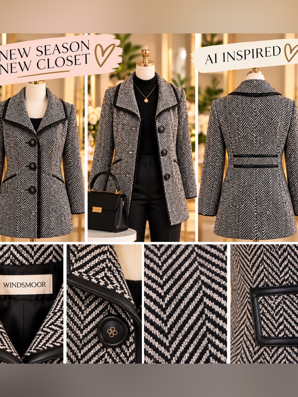 WINDSMOOR Herringbone Jacket | Black & Ivory | Black Trim | Size 14